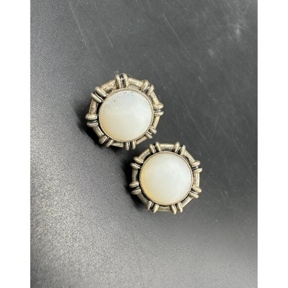 Jewelry - Vintage Earrings Sterling Silver 925 Faux Pearl Moon Stone Stud Lever Back Round